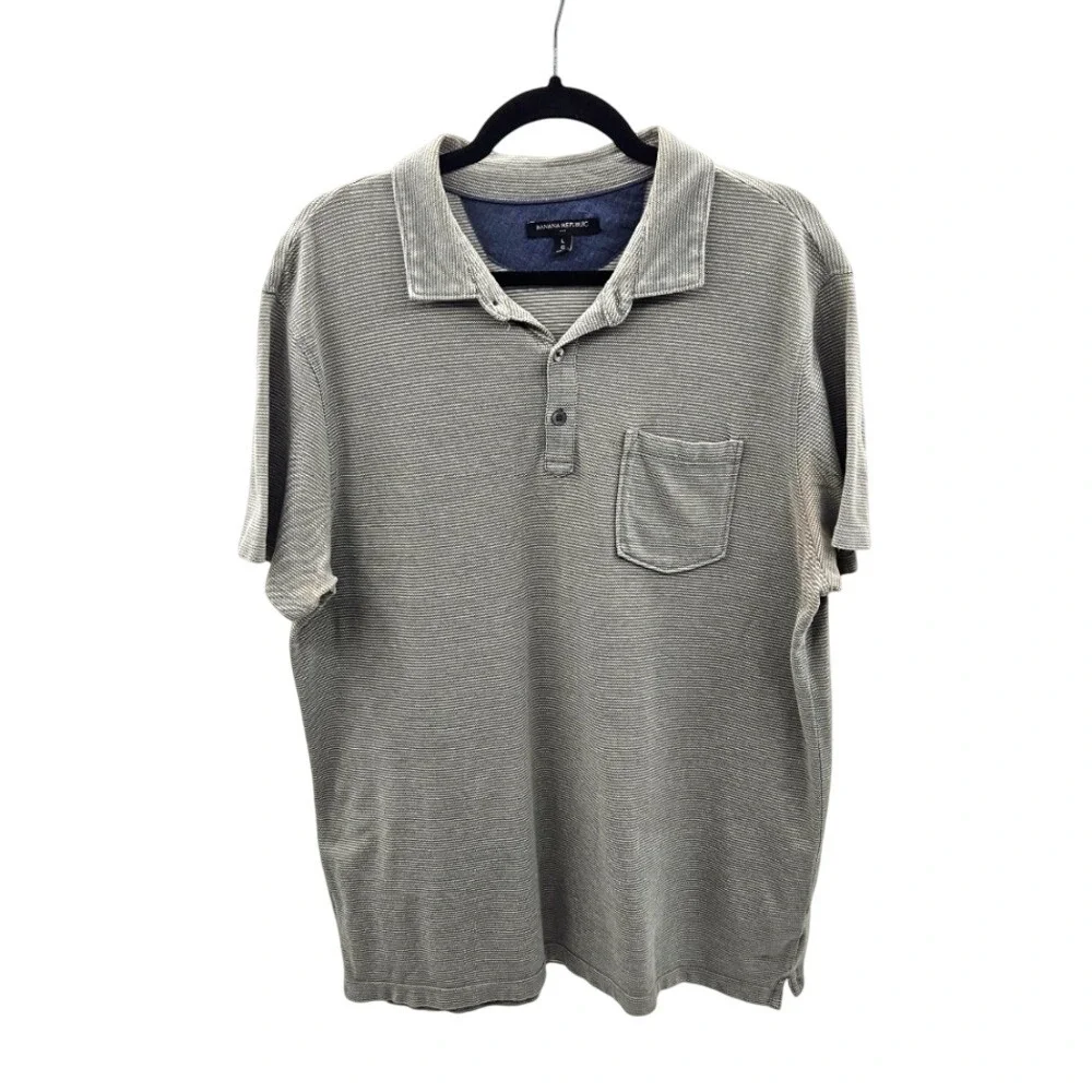 Banana Republic Mens Large Gray Micro Stripe Cotton Pocket‎ Polo Shirt CA17897